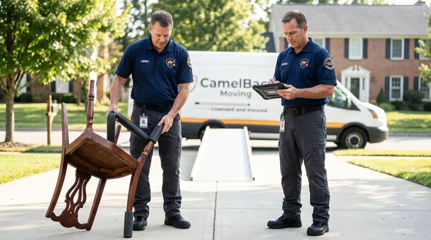 Movers inspecting furniture for damage prevention before loading in Mountainhome, PA